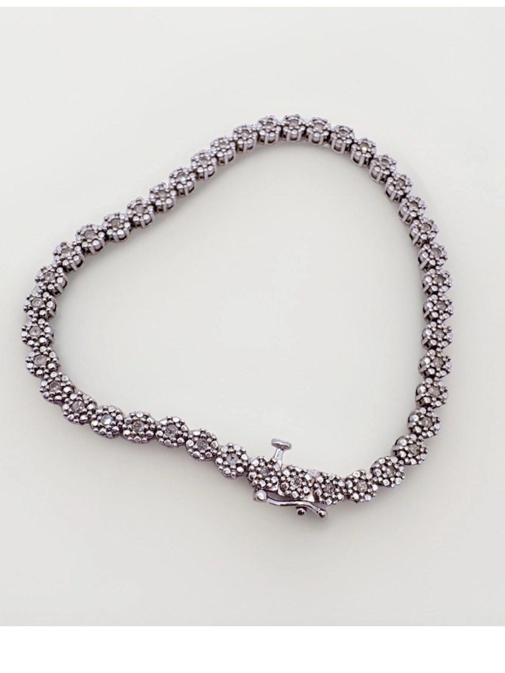 Flower Links Sterling Silver 925 Diamond Tennis Bracelet 7.5” Length 38 Gm
